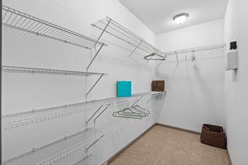 A large, well-lit, carpeted bedroom closet with wire rack shelves and Google Fiber internet hookup box.